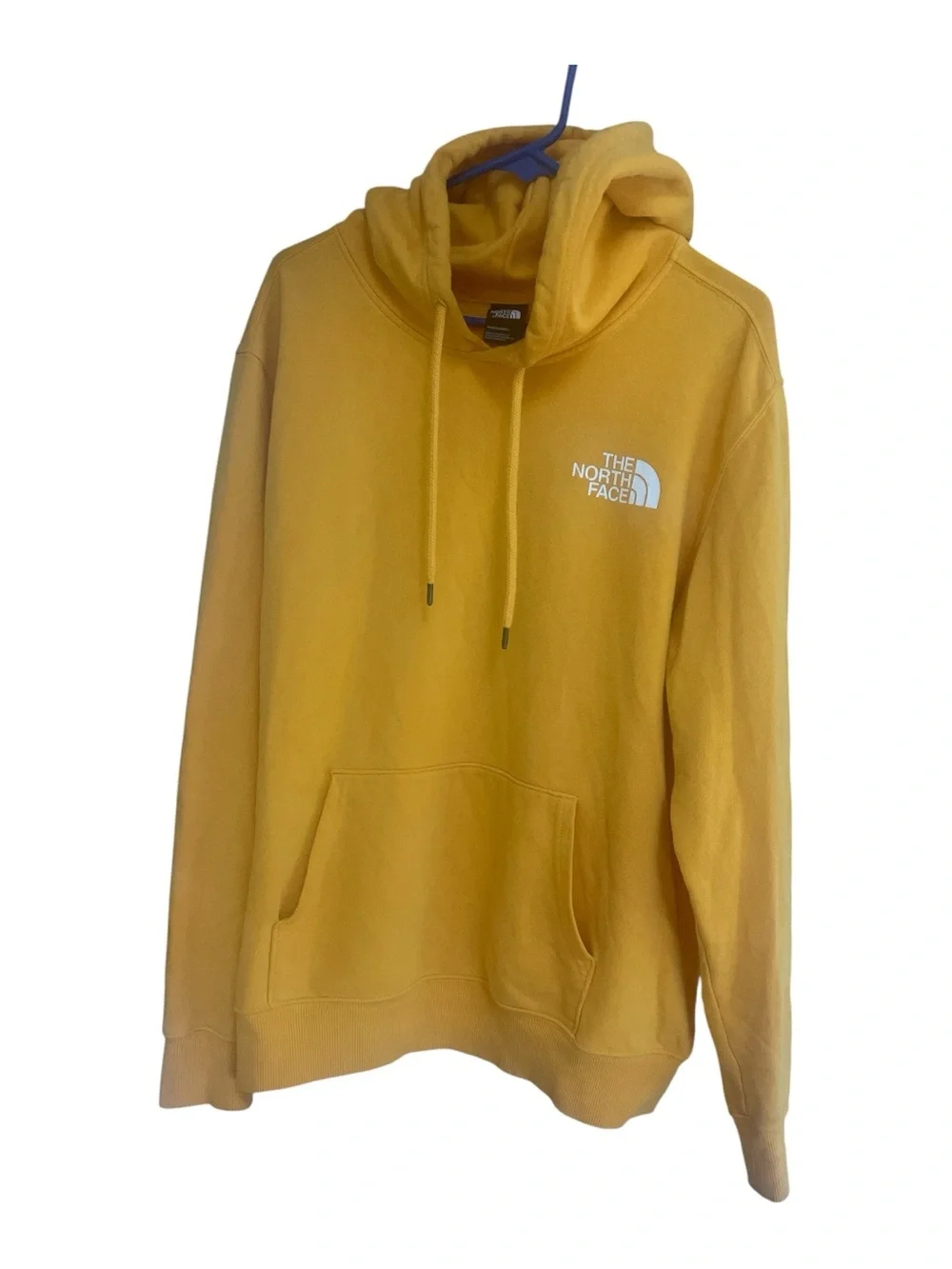 The North Face Yellow Hoodie Box Logo Never Stop Exploring Sweatshirt Mens Large